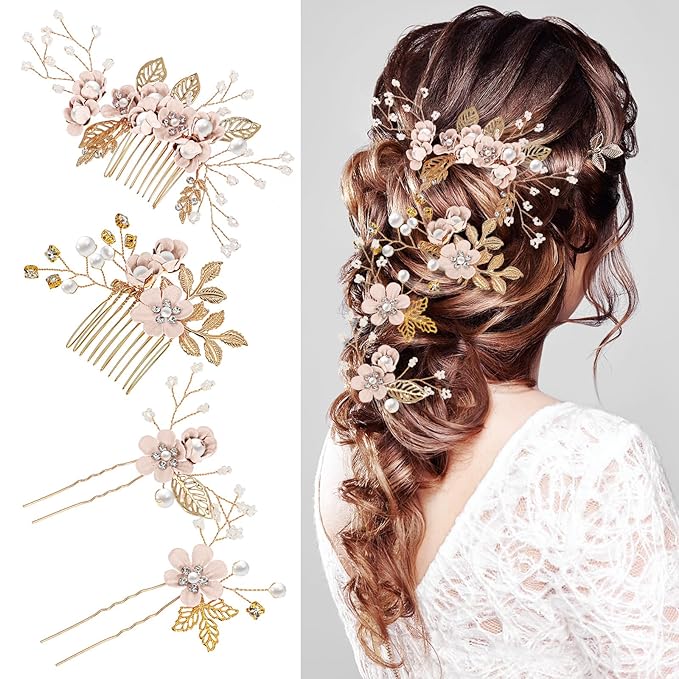 Wedding Flower Hair Accessories for Women: 4pcs Leaf and Flower Hair Combs for Women Accessories - Crystal Pearl Wedding Flower Clips Headpiece for Brides Bridesmaids Girls Updo (Pink)