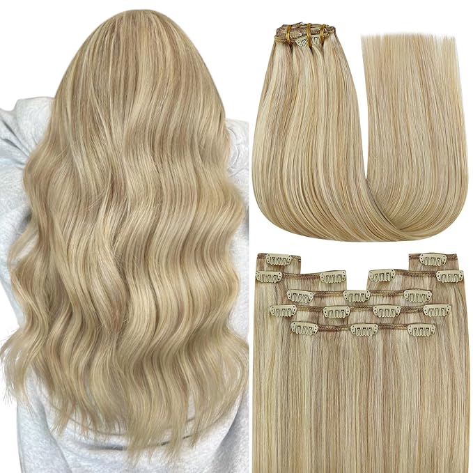 YoungSee 150G Clip in Human Hair Extension Golden Blonde Clip in Extensions Light Blond Mix Golden Blonde Highlight Human Hair Extensions Clip ins Straight Remy Hair 7Pcs 20Inch
