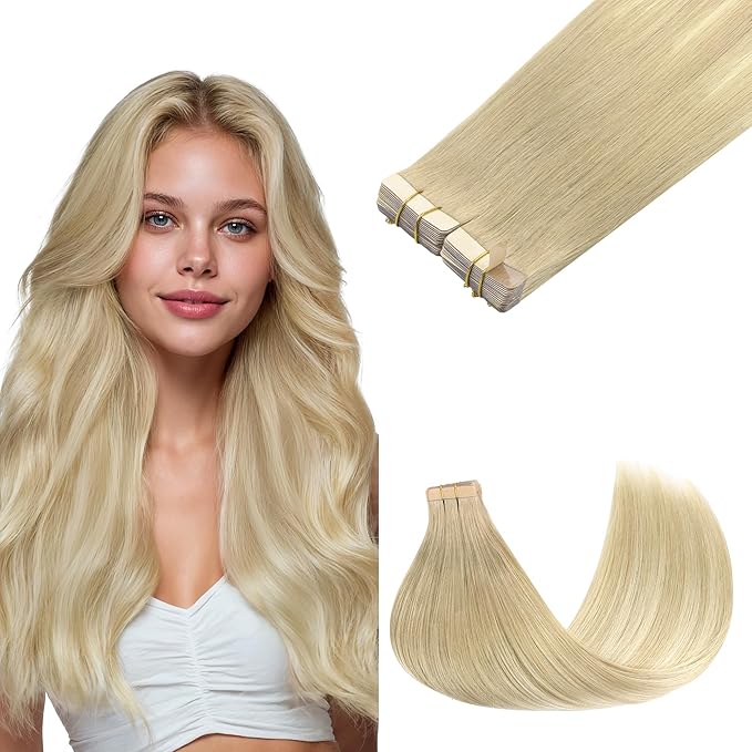 GOO GOO Tape in Hair Extensions Human Hair, 18ET90A Natural Blonde Balayage, 22inch 100g 40pcs, Skin Weft Seamless Invisible, Silky Straight with Thick Ends, Remy Human Hair