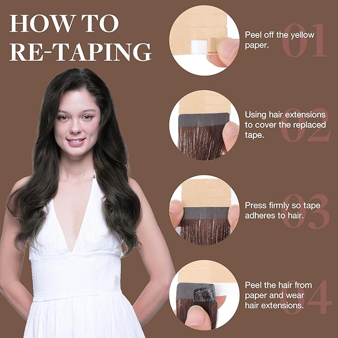 GOO GOO Tape in Hair Extensions Human Hair, 1C Mocha Brown, 22inch 50g 20pcs, Skin Weft Seamless Invisible, Silky Straight with Thick Ends, Remy Human Hair