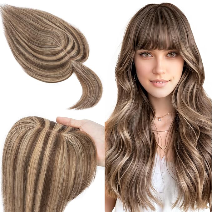 SEGO 100% Real Human Hair Toppers, with Air Bangs, Silk Base 150% Density, Clip in Topper, 2.7肺5.1・ HairPieces for Women, with Thinning/Hair Loss Cover Gray
