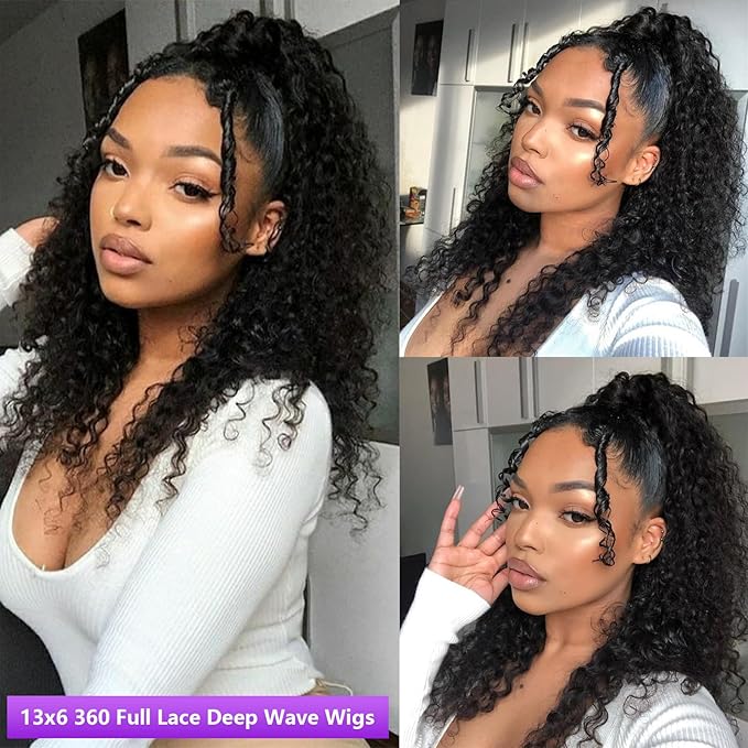 360 Deep Wave Lace Front Wigs Human Hair 200% Density 360 HD Lace Front Wigs Deep Wave Pre Plucked With Baby Hair Curly Full Lace Wig with Adjustable Straps for Women (22 Inch)