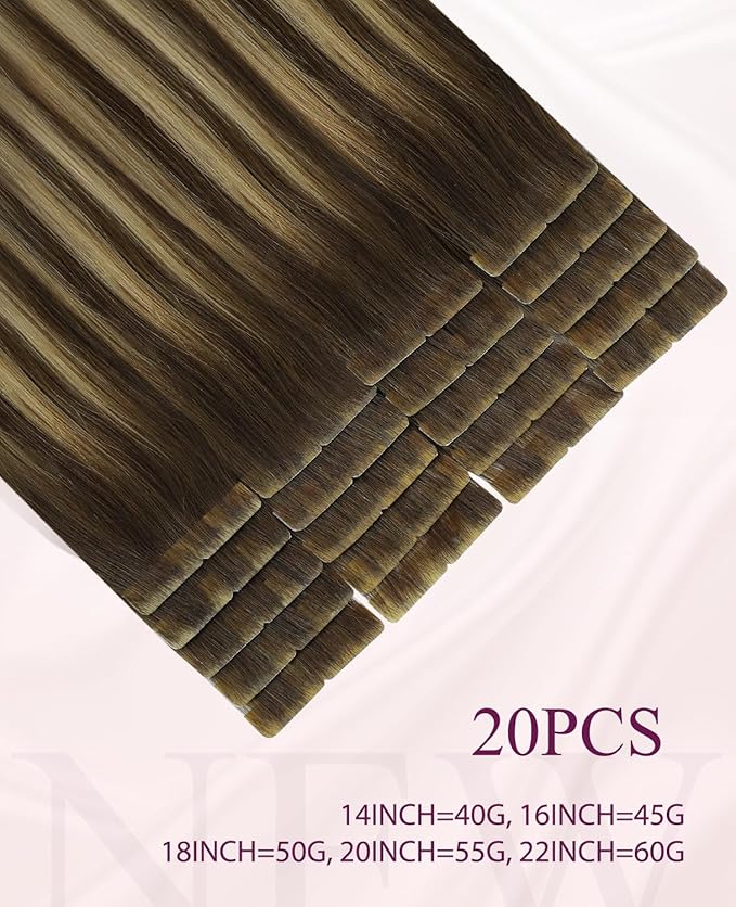 Pinkpearl Invisible Tape in Hair Extensions Human Hair, 20pcs 18inch 50g #4/27/4 Balayage Chocolate Brown to Caramel Blonde Injection Tape in Extensions Real Remy Seamless Human Hair Injected