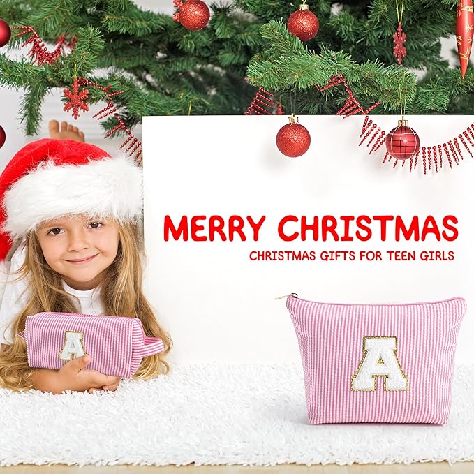 YOOLIFE Initial Makeup Bag for Girls, Travel Cosmetic Bag with Small Makeup Brush Bag Cute Makeup Bag Toiletry Travel Bag Personalized Wife Friend Gifts Makeup Birthday Gifts for Women Her Pink R
