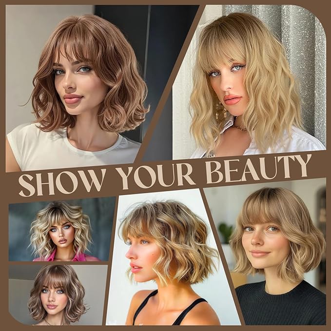 MISSQUEEN Short Dark Blonde Wavy Bob Wig with Bangs Honey Blonde Wig for Women Natural Heat Resistant Fiber Synthetic Curly Hair for Daily Party Chrismas Halloween Used (12 Inches)