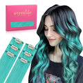 WENNALIFE Teal Green Clip in Hair Extensions Real Human Hair 35g 6pcs 22 Inch Colored Hair Extensions for Kids Women Colorful Hair Pieces Pop-up Style Straight Extensiones De Cabello Humano Con Clip