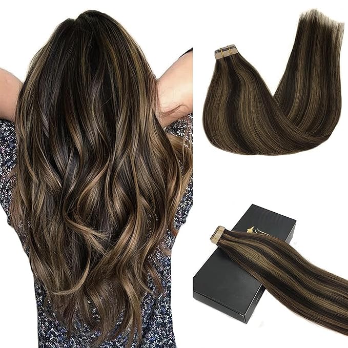 GOO GOO Tape in Hair Extensions Human Hair, 2/6 Dark Brown Highlighted Chestnut Brown, 18inch 50g 20pcs, Skin Weft Seamless Invisible, Silky Straight with Thick Ends, Remy Human Hair