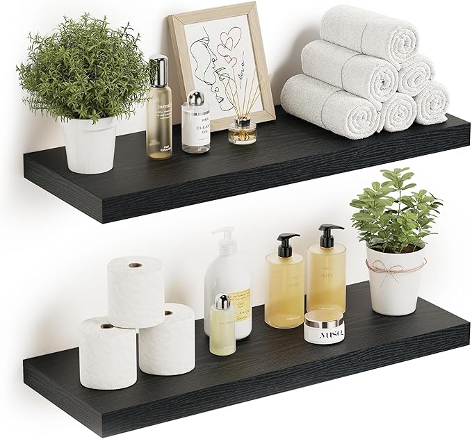 Black Floating Shelves for Wall Mounted, 24 inchs x 9.1” Deep x 1.5” Thick Wall Shelves for Bedroom, Living Room, Bathroom，Kitchen, Office, Home Decor Shelf with Invisible Bracket - Set of 2