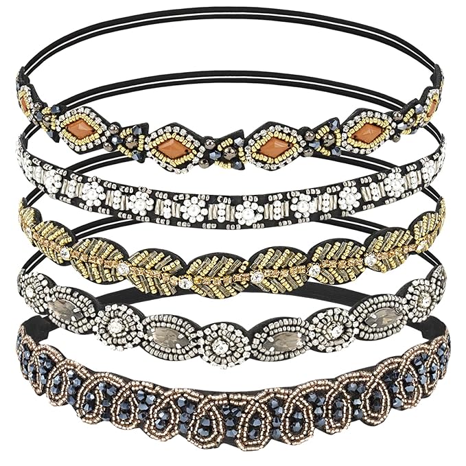 AMCAMI 5-Piece Rhinestone Beaded Hairband Set for Women - Fancy Elastic Headbands with Jeweled Crystal Beads - Handmade Hair Accessories for Women, Girls, and Ladies