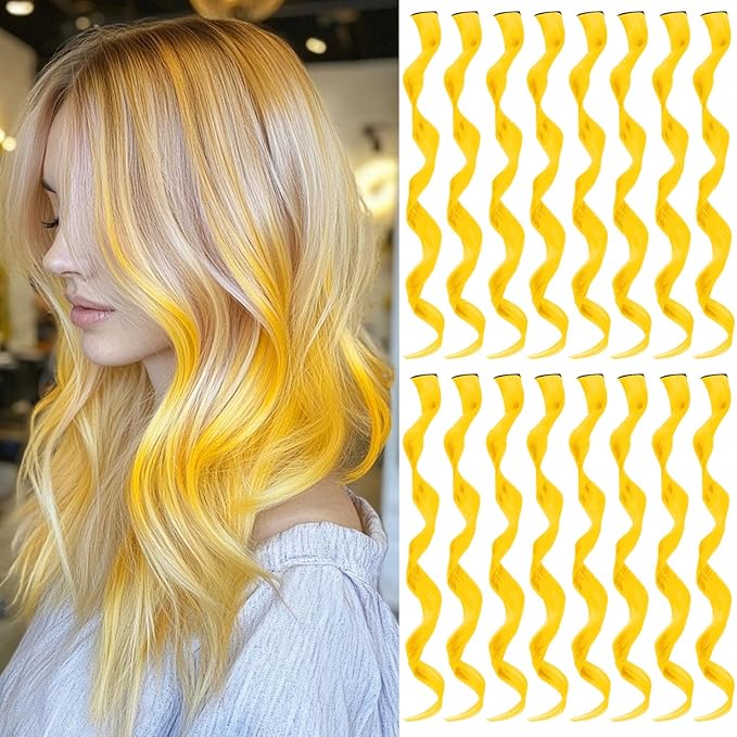 16 Pcs Colored Hair Extensions Curly Wavy Clip in Synthetic Hair Extensions,Colorful Party Highlights Hairpiece Streak for Girls Women Kids Christmas New Year Cosplay Party Gift(Yellow)