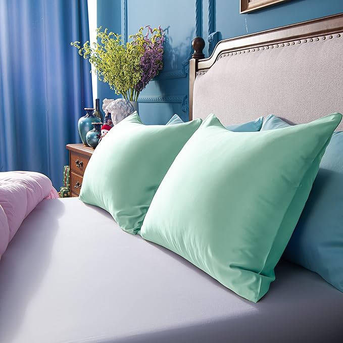 NTBAY Zippered Satin Pillow Cases for Hair and Skin, Luxury King Hidden Zipper Pillowcases Set of 2, 20x36 Inches, Cyan