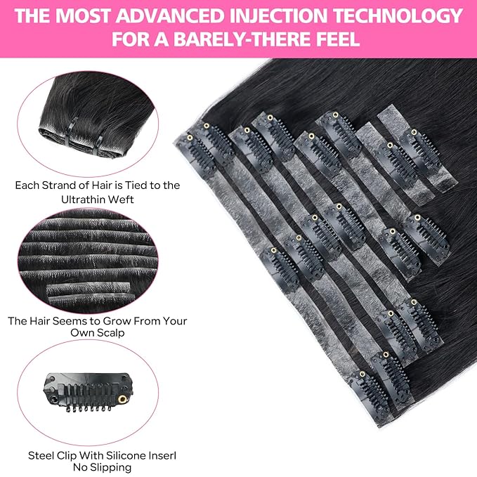 Injected Clip in Hair Extensions Real Human Hair Invisible Hand-Tied Weft Hair Extensions Clip in Human Hair Straight Seamless Clip ins for Women 8Pcs 120g 18inch #1B Natural Black