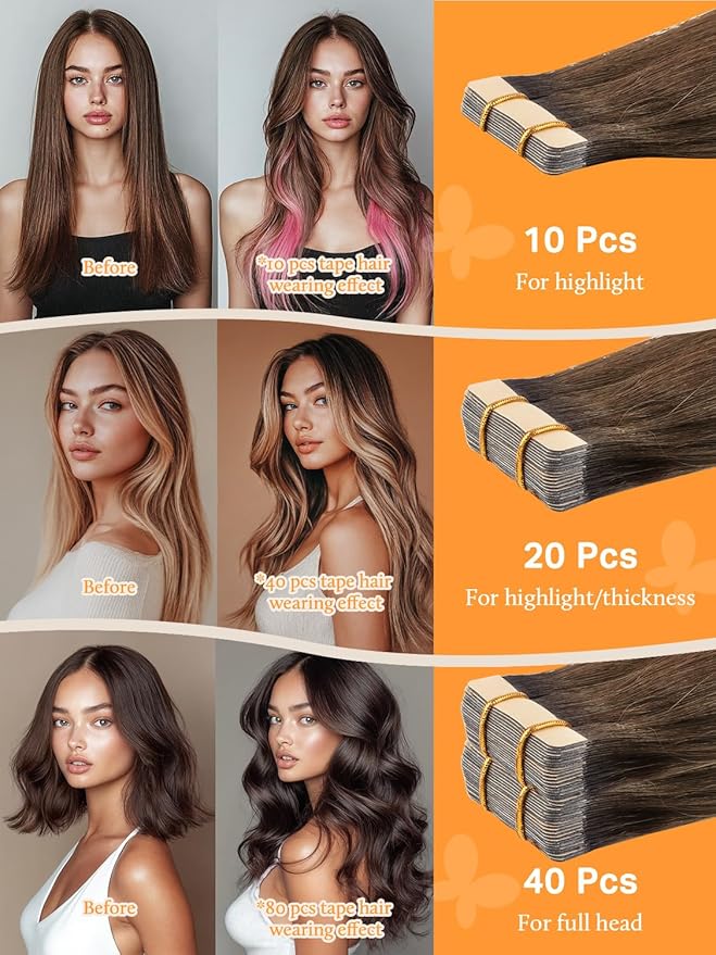 DOORES Human Hair Extensions Tape in, Balayage Dark Brown to Chestnut Brown Real Hair Extensions 10pcs 24 Inch 30g, Tape in Straight Natural Hair Extensions Skin Weft