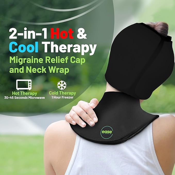 Migraine Relief Cap & Neck Ice Pack Wrap Set - Soothing Headache Relief Cap and Shoulder Cold Pack - Hot and Cold Compress Products for Head and Cervical - Stress, Hangover & Puffy Eyes