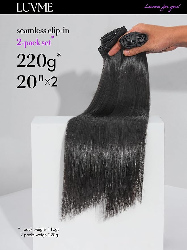 LUVME Silky Straight Seamless 2 Pack 220g 14Pcs Clip in Hair Extensions Full Max with 20inch Remy Human Hair Extensions, Natural Black 100% Real Soft Hair