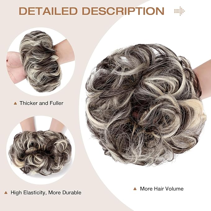 Messy Bun Hair Piece Wavy Curly Scrunchies Fluffy Donut Thick Updo Elegant Chignon Hairpieces for Women Girls, Black Brown Mix Bleach Blonde 1.4oz
