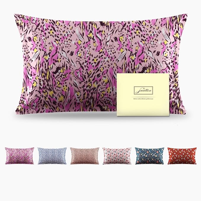 Mulberry Silk Pillowcase for Hair and Skin Standard Size Leopard Print Silk Pillow Cases with Zipper Soft Breathable Smooth Cooling Silk Pillow Covers for Sleeping (Pink Paint,20"X 26",1Pcs)