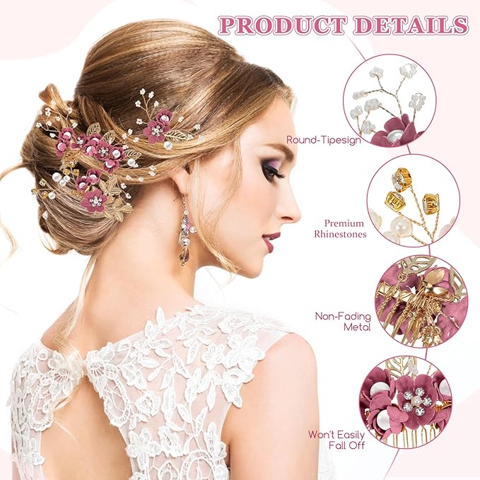 Wedding Flower Hair Accessories for Women: 4pcs Leaf and Flower Hair Combs for Women Accessories - Crystal Pearl Wedding Flower Clips Headpiece for Brides Bridesmaids Girls Updo (Rosy)