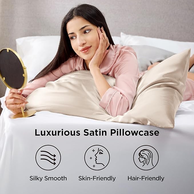 Bedsure Satin Pillowcase for Hair and Skin Queen - Beige Silky Pillowcase 4 Pack 20x30 Inches with Envelope Closure, Similar to Silk Pillow Cases, Gifts for Women Men