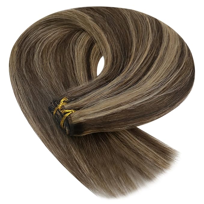 YoungSee Hair Extensions Weft Brown Highlights Sew in Hair Extensions Real Human Hair Dark Brown Mix Caramel Blonde Human Hair Weft Extensions for Women 18Inch 100G