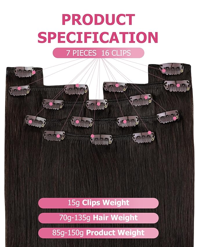 YoungSee 150G Clip in Human Hair Extension Brown Clip in Extensions Real Human Hair Darkest Brown Clip on Hair Extensions for Women 20Inch 7Pcs
