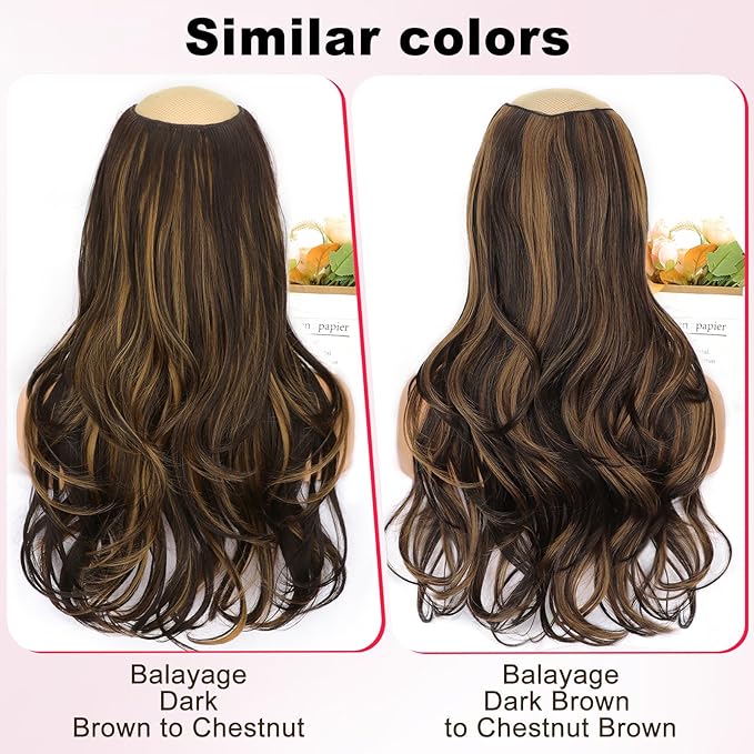 ALXNAN Long Wavy Hair Extensions for Women, Clip in Hair Extensions Clip Ins Soft Full Head Synthetic Hairpieces 20 Inch Balayage Chocolate Brown to Caramel Blonde