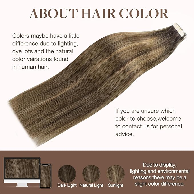 GOO GOO Tape in Hair Extensions Human Hair, 4D/14/5B Brunette Balayage, 14inch 100g 40pcs, Skin Weft Seamless Invisible, Silky Straight with Thick Ends, Remy Human Hair