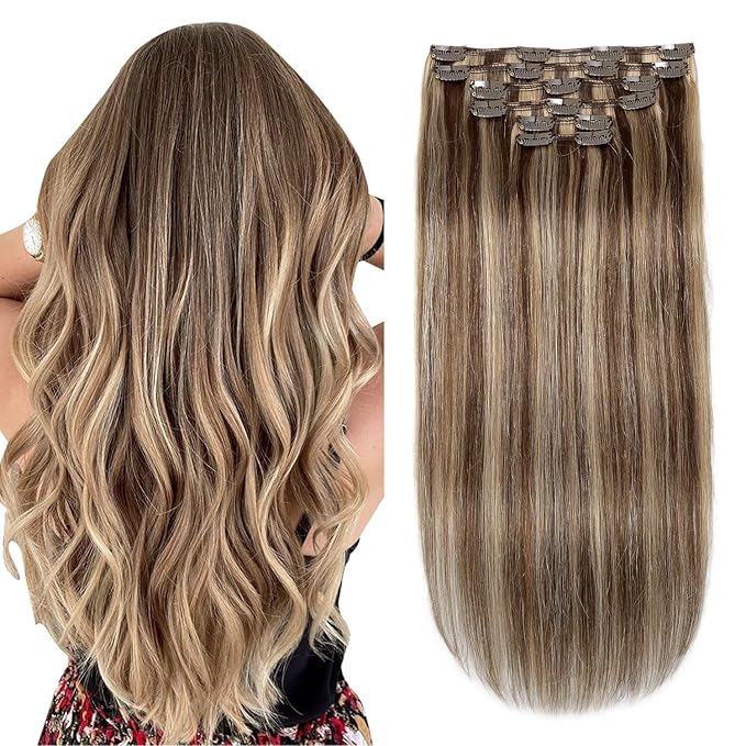 XDhair Clip In Hair Extensions Remy Human Hair 120g 20 Inch Medium Brown #4 Mixed to Caramel Blonde #27 Clip In Real Hair Silk Stright 6Pcs (#4P27,20Inch)