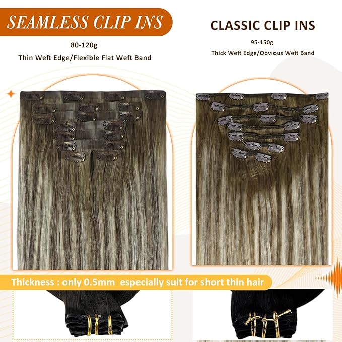 Full Shine Human Hair Clip in Extensions Balayage Human Clip in Hair Extensions Ash Brown Ombre Platinum Blonde Straight Clip ins Softness 14 Inch 8 PCS 120 G