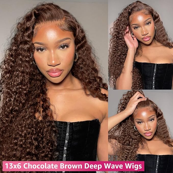 Deep Wave Lace Front Wigs Human Hair Chocolate Brown 13x6 HD Lace Front Wigs Pre Plucked Deep Curly Wigs Wet and Wavy Human Hair Frontal Wigs with Baby Hair 200% Density (32 Inch)