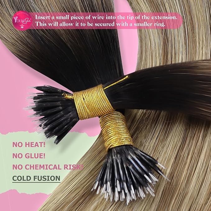 YoungSee Nano Ring Hair Extensions Real Human Hair Ombre Dark Brown to Blonde Nano Loop Real Hair Extension Cold Fusion Natural Hair Extensions Nano for Women Long Straight Hair 22in 1g/s 50g