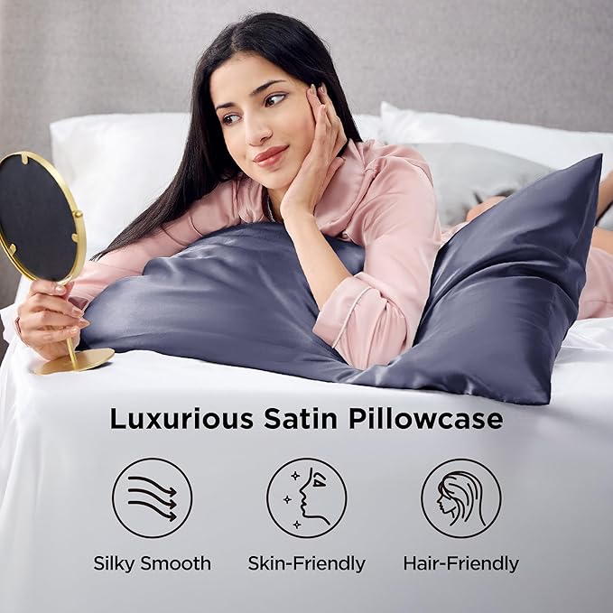 Bedsure Satin Pillowcases, Similar to Silk Pillow Cases Queen Size Set of 2, Pillow Case for Sleeping Women with Envelope Closure, Gifts for Women Men, Blue Granite, 20x30 Inches, 2pcs