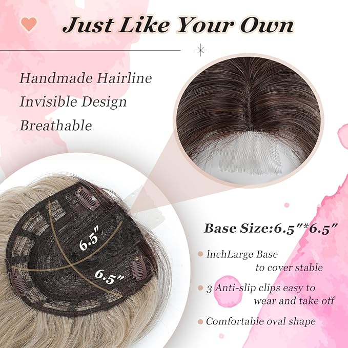 Hair Topper, 360° 3D Hair Toppers for Women with Thinning Crown, 20 Inch Long Wavy Curly Hair Pieces Clip in Bangs (Ash Blonde Mix Highlights with Brown Root, 20 inch, Side Bangs)