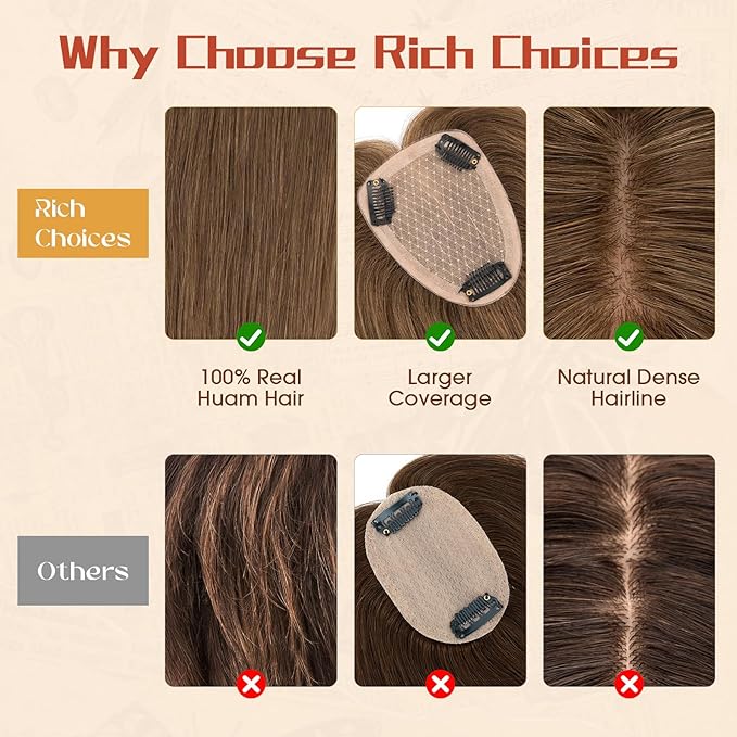 Rich Choices Human Hair Toppers for Women-100% Real Remy Hair Topper No Bang-Upgraded 150% Density 9 * 12CM Lace Base-Clip in Hairs Topper for Thinning Hairs-10Inch #4 Medium Brown