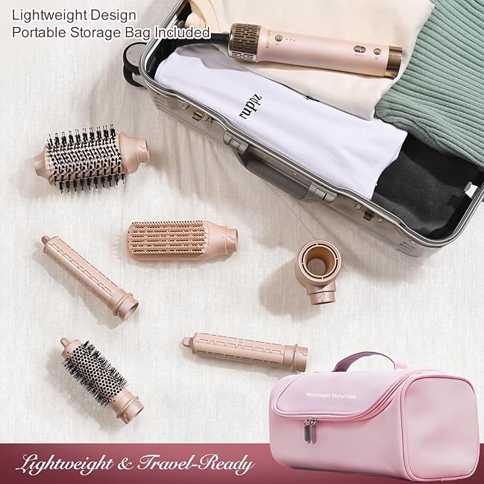 Dual Voltage StyleVibe 6-in-1 Air Styler, Hair Dryer & Blow Dryer Brush with Travel Case - Auto Wrap Curls (L/R), Fast Drying, Thermal Brush for Blowouts & Frizz-Free Volume, No Heat Damage