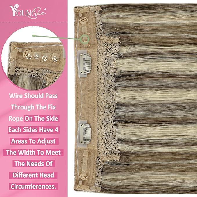 YoungSee 120G Wire Hair Extensions Highlight Human Hair Wire Extensions Light Brown Highlight Platinum Blonde Fish Line Human Hair Extensions Straight Hair 16Inch