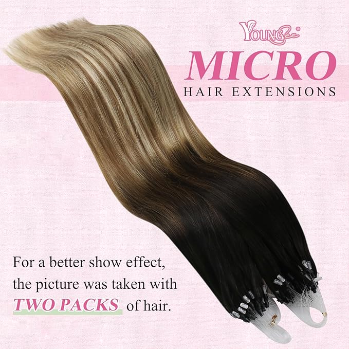 YoungSee Micro Bead Hair Extensions Real Human Hair Balayage Micro Loop Hair Extensions Ombre Dark Brown to Browns with Blonde Hair Extension Beaded Remy Hair Extension 50g 50s 18In Microring Hair