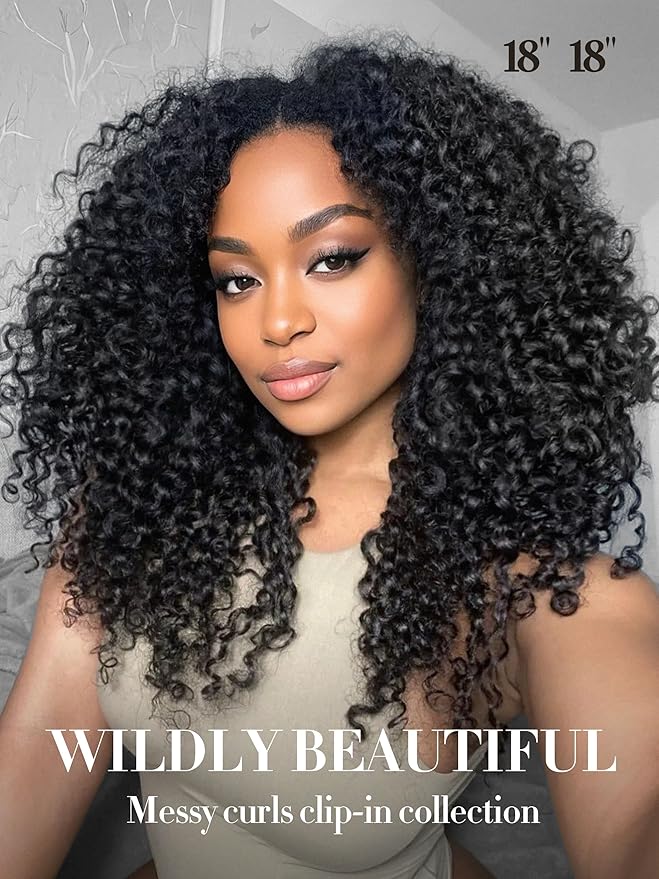 LUVME Burmese Curly Clip in Hair Extensions Real Human Hair Messy Curly Clip Ins Fullness with 2 Pack for Women Brazilian Remy Human Hair Natural Black 135g 20Inch