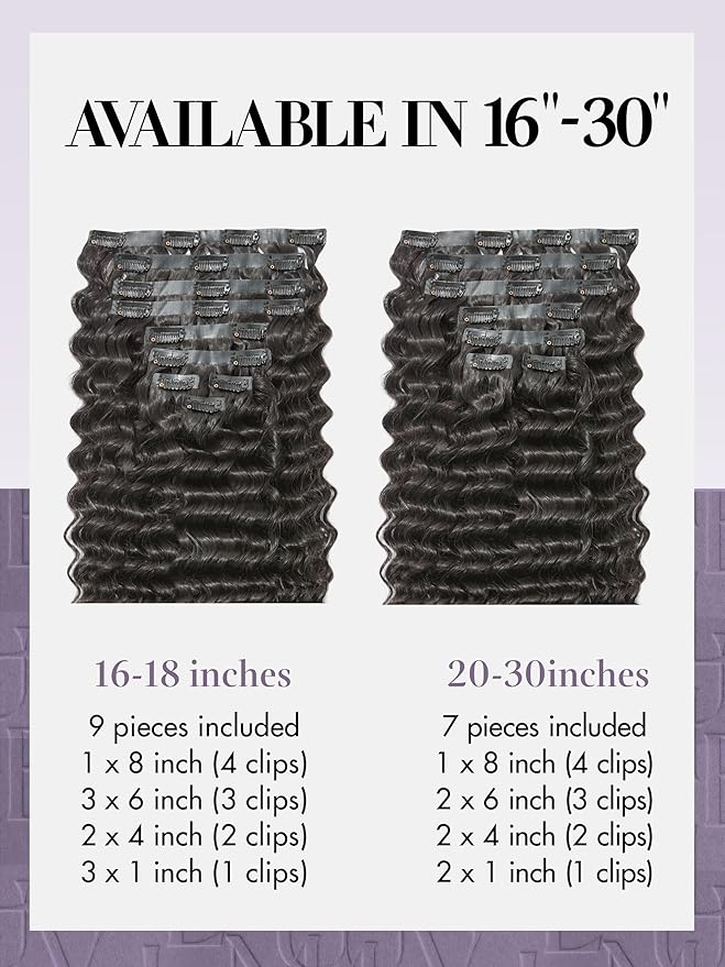 LUVME Clip in Hair Extensions Real Human Hair, Natural Black 135g 9pcs 18 Inch, Human Hair in Extensions for Women Clip ons Thick Loose Deep Wavy Extensions
