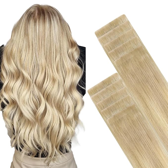 GOO GOO Invisi Edge Tape in Hair Extensions Human Hair, 18ET90A Natural Blonde Balayage, 10pcs 20inch 30g, Virgin Remy Hair, Seamless Injected Tape, Natural Look