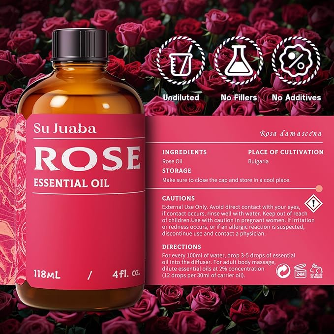 SU JUABA Rose Essential Oil 4 Fl Oz, 100% Pure Rose Oil for Face, Skin, Hair, Diffuser, Aromatherapy -118ml