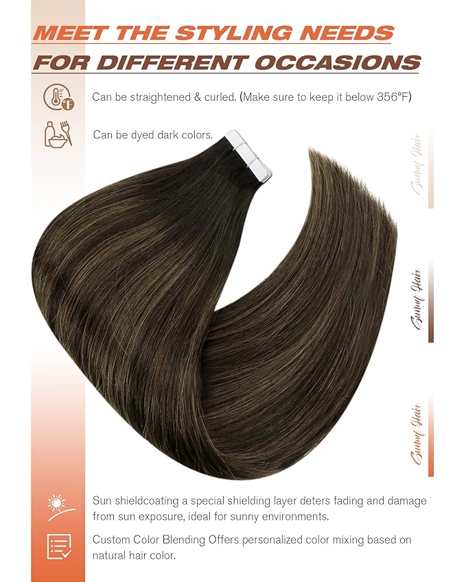 Sunny Hair Tape in Hair Extensions Human Hair 14 Inch Hair Extensions Real Human Hair Tape in Extensions for Women Darkest Brown Ombre Medium Brown Balayage Remy Hair Straight Skin Weft 40pcs 100g