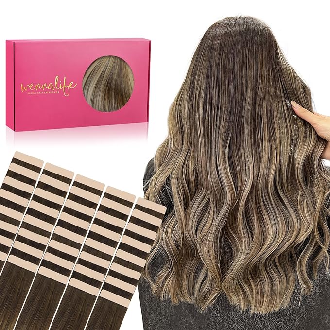 WENNALIFE Tape in Hair Extensions, 40pcs 100g 16 Inch Balayage Chocolate Brown to Honey Blonde, Human Straight Reusable Real Hair