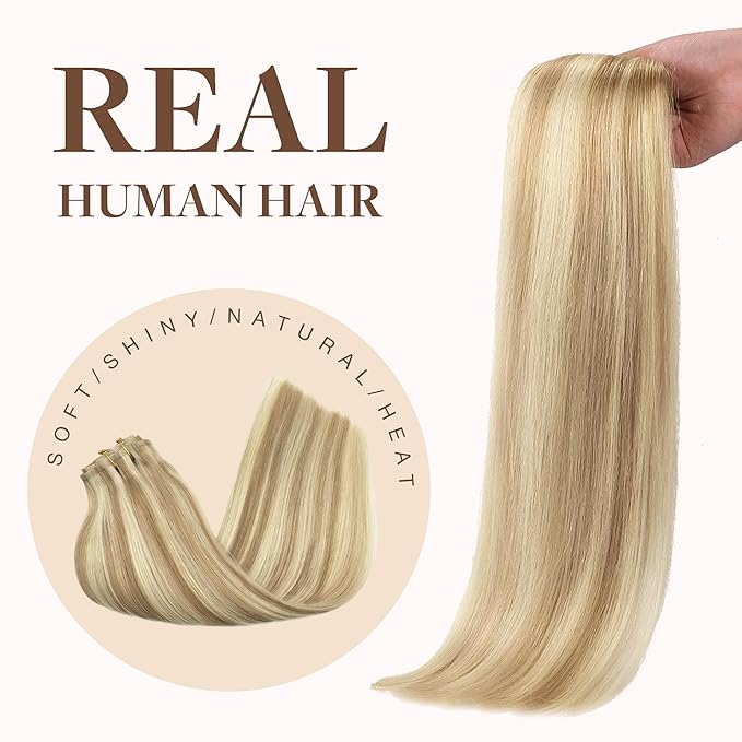 GOO GOO Clip in Hair Extensions Real Human Hair, Remy Human Hair Extensions Clip ins for Women, Natural Human Hair, 18inch 130g 7Pcs, 18A/613A Dark Blonde Highlighted Bleach Blonde
