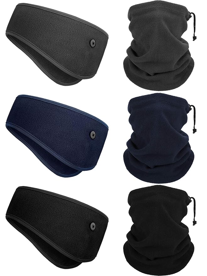 Syhood 6 Pieces Winter Fleece Ear Warmer Headband Ear Muffs Head Wraps with Winter Fleece Neck Warmer Gaiter (Black, Dark Grey, Navy Blue,Plus Size)