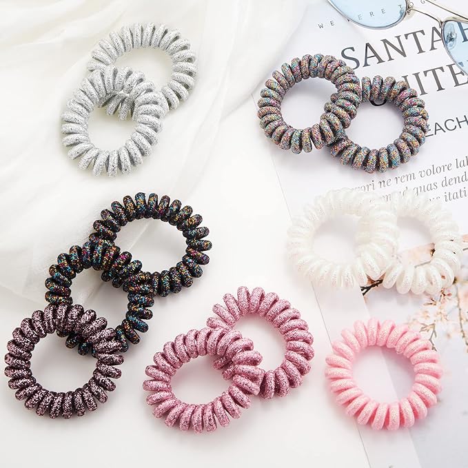 Spiral Hair Ties (Glitter White, 12 Pcs) - Coil Ponytail Holders for Thick Hair, No Crease Phone Cord Hair Ties for All Hair Types with Plastic Spiral for Women