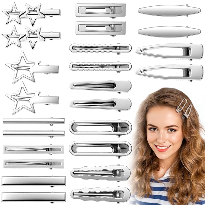 OIIKI 24pcs Silver Y2K Hair Clips, 12 Style Metal Alligator Clips Barrettes for Women, Non-Slip 2000s Star Hairclips Cool Hair Accessories for Thin Thick Straight Curle Hairstyles