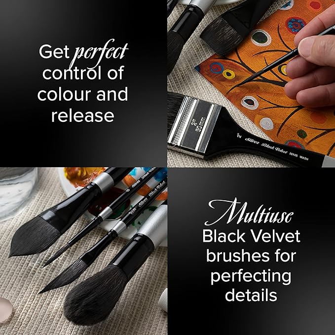 Silver Brush Limited WC-3207s Black Velvet Must-Have Rounds Set, Paintbrushes for Watercolor, Gouache, Inks, & Dyes, Set of 7, Sizes 0, 2, 4, 6, 8, 10, and 12 Round Brushes, Short Handle