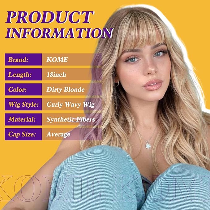 Blonde Wig with Bangs,Dirty Blonde Wavy Wigs for Women,Shoulder Length Curly Synthetic Hair Wig for Party Daily Use 18IN…