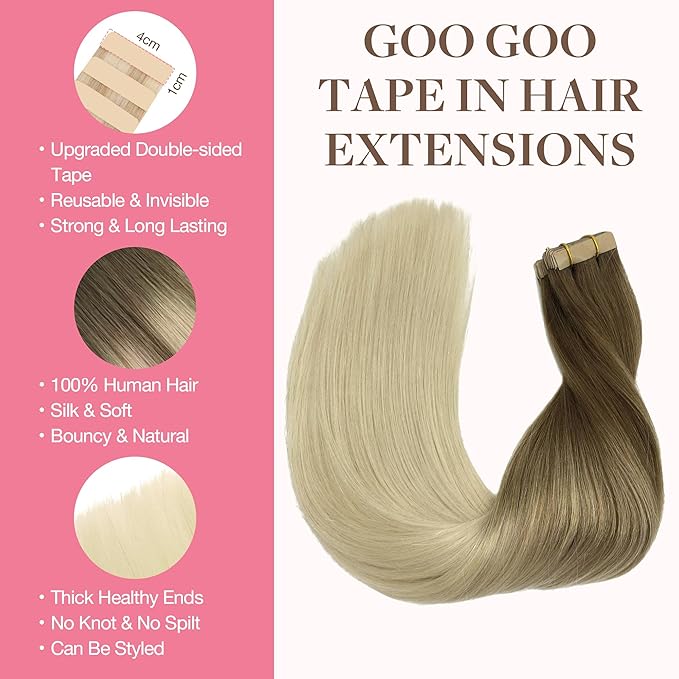 GOO GOO Tape in Hair Extensions Human Hair, 9/60 Balayage Ash Brown to Platinum Blonde, 16inch 50g 20pcs, Skin Weft Seamless Invisible, Silky Straight with Thick Ends, Remy Human Hair